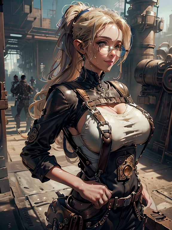 masterpiece, Best Quality,  Highly Detailed CG Unity 8K Wallpaper ,((Rise)), ((steampunk factory )), (welding work ), (Long pointy ears),  elegant long wavy platinum blonde hair,  ponytail, ((Average Chest Circumference, Self-illuminating skin)), ((Full Harness, Tube tops,  oversized overalls , Leather Handbags)), (Sweaty,  wet white skin ), (Goggles on forehead, Tool belt), (), , (Charming smile), cute, (A perfectly symmetrical and beautiful face), fine grain, Key Art, Awards,  intricate detail realism HDR  ,  photorealism ,  hyperrealism, Ultra-realistic, dramatic light, STRONG SHADOW  , Amazing views,  depth of border described ,  giant pipe wrench ,  giant monkey wrench ,