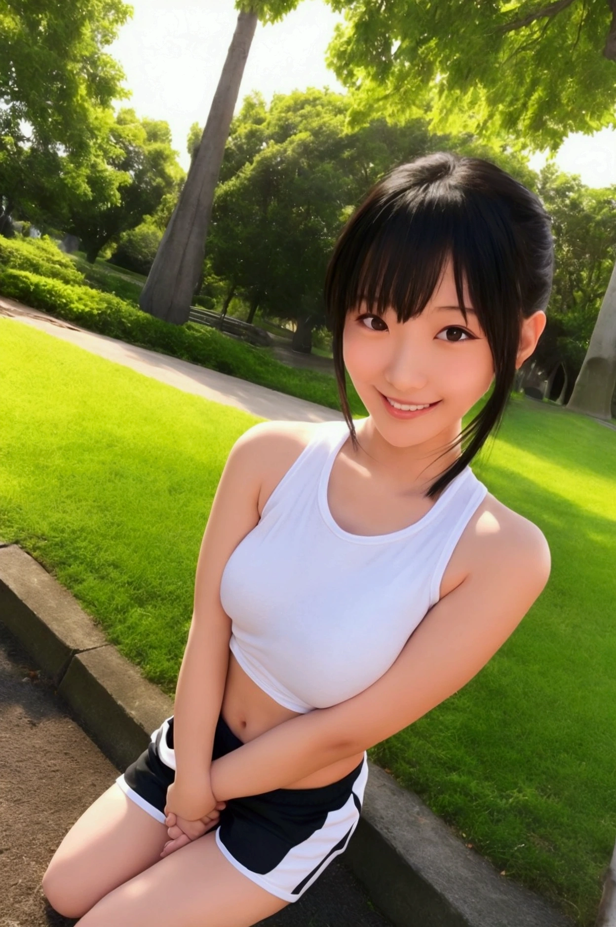 japanese, woman, little big brest, shorty black hair, gym shorts , in a park, cute smile, tiny and small woman,