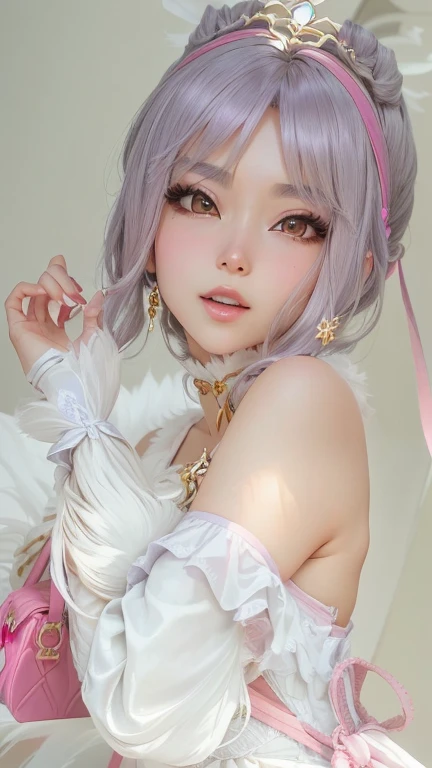 araffe dressed in a white dress and a tiable holding a pink bag, anime girl cosplay, anime cosplay, from lineage 2, zhongli from genshin impact, sakimichan, cosplay, sakimi chan, elegant glamourous cosplay, glamourous cosplay, keqing from genshin impact, sakimichan frank franzzeta