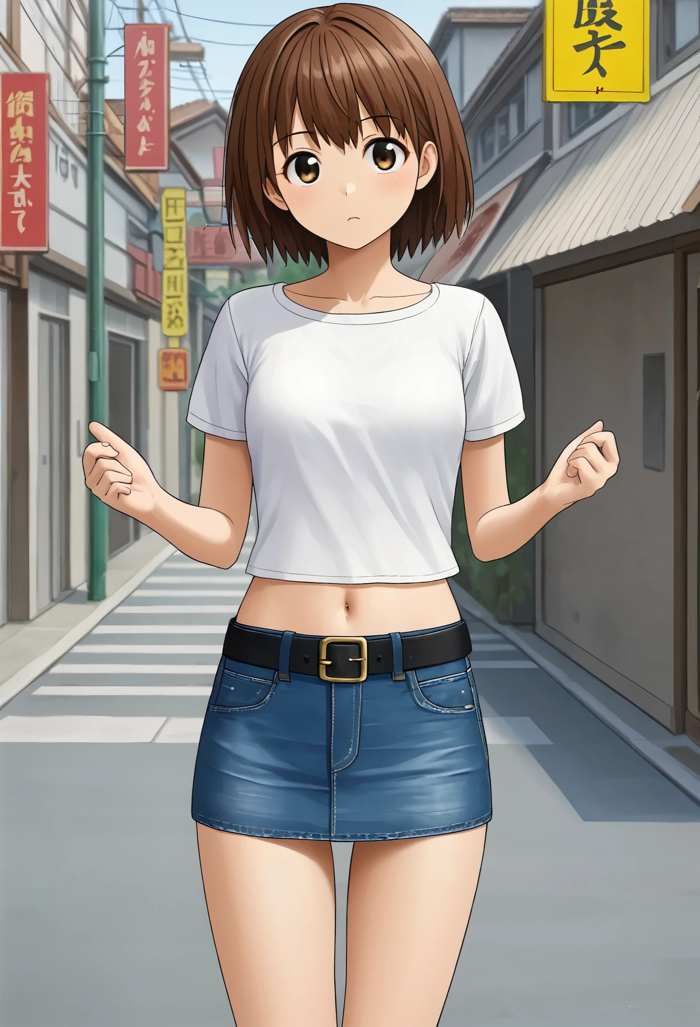 1girl, (masterpiece), best quality, expressive eyes, perfect face, asin anime girl, solo , short brown hair, Japanese street,cowboy shot, white blouse,short sleeves,mini-jeans-skirt, black belt, navel peak ,front view 