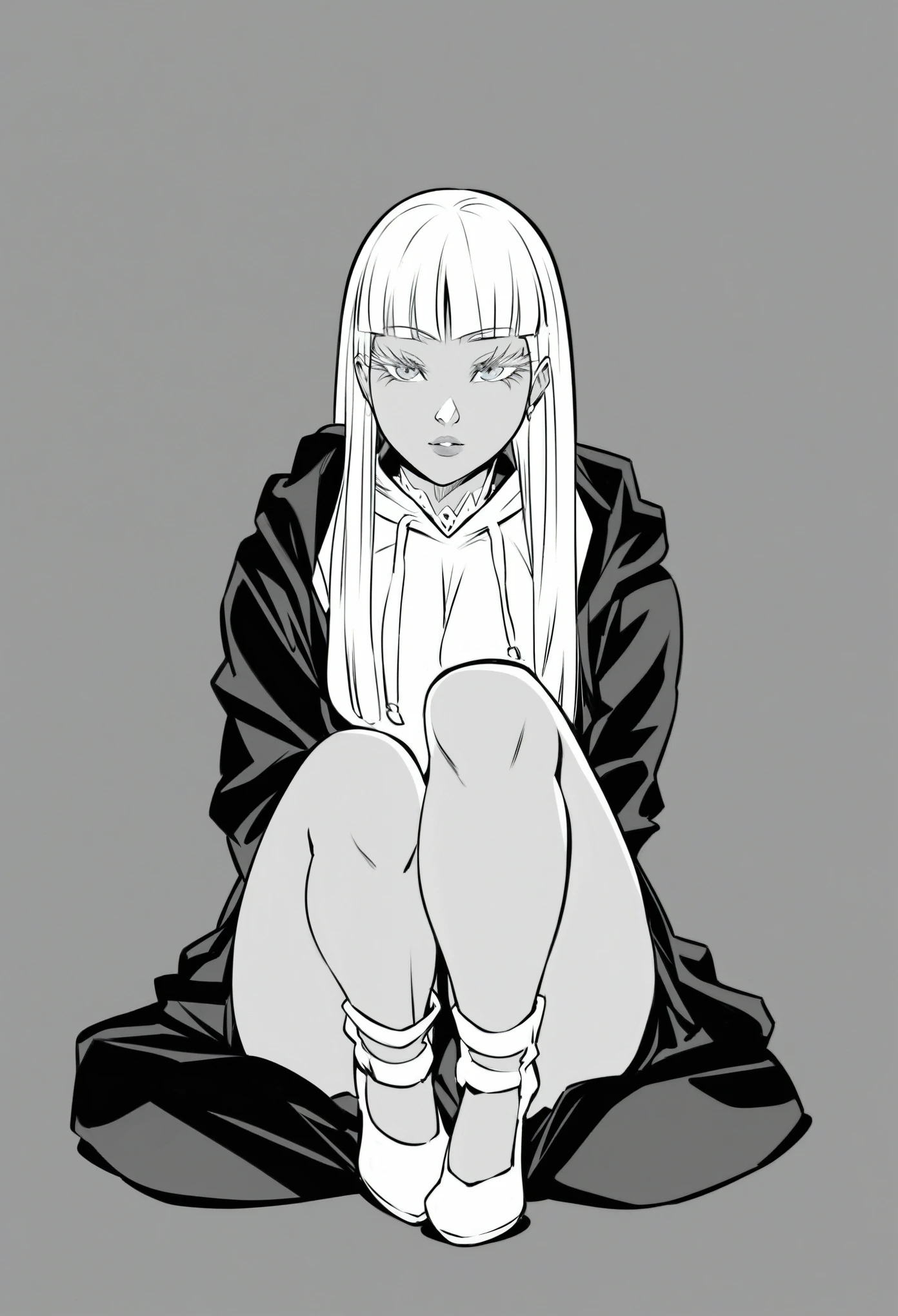 score_9, score_8_up, score_7_up, ((masterpiece,best quality)), monochrome, greyscale, monochrome,no hatching, torso image, monochrome,best quality, high resolution, clean background, high contrast,Masterpiece, manga art, line art, unshaded, 1girl, white hime cut, full body image, defined long eyelashes, grey eyes, wearing a hoodie, black sleeve cover, black pants, front facing, great composition, perfection
