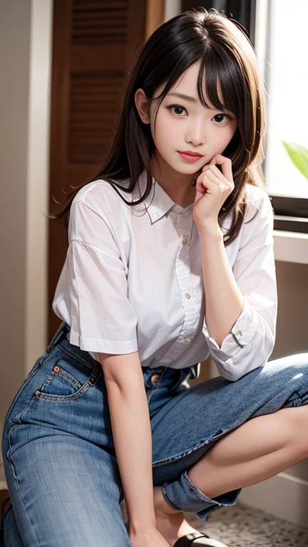Enhanced dynamic viewing angle,22-year-old girl,slimfigure,Cute and beautiful girl,White JK school uniform,Look at me and smile,simple backgound,Works of masters,high high quality,4K分辨率,ultra - detailed,Sit in a classroom chair,Keep your feet apart,Flipping up her skirt with her hands,Detailed pubic hair,Accurate,电影灯光,medium ingredient