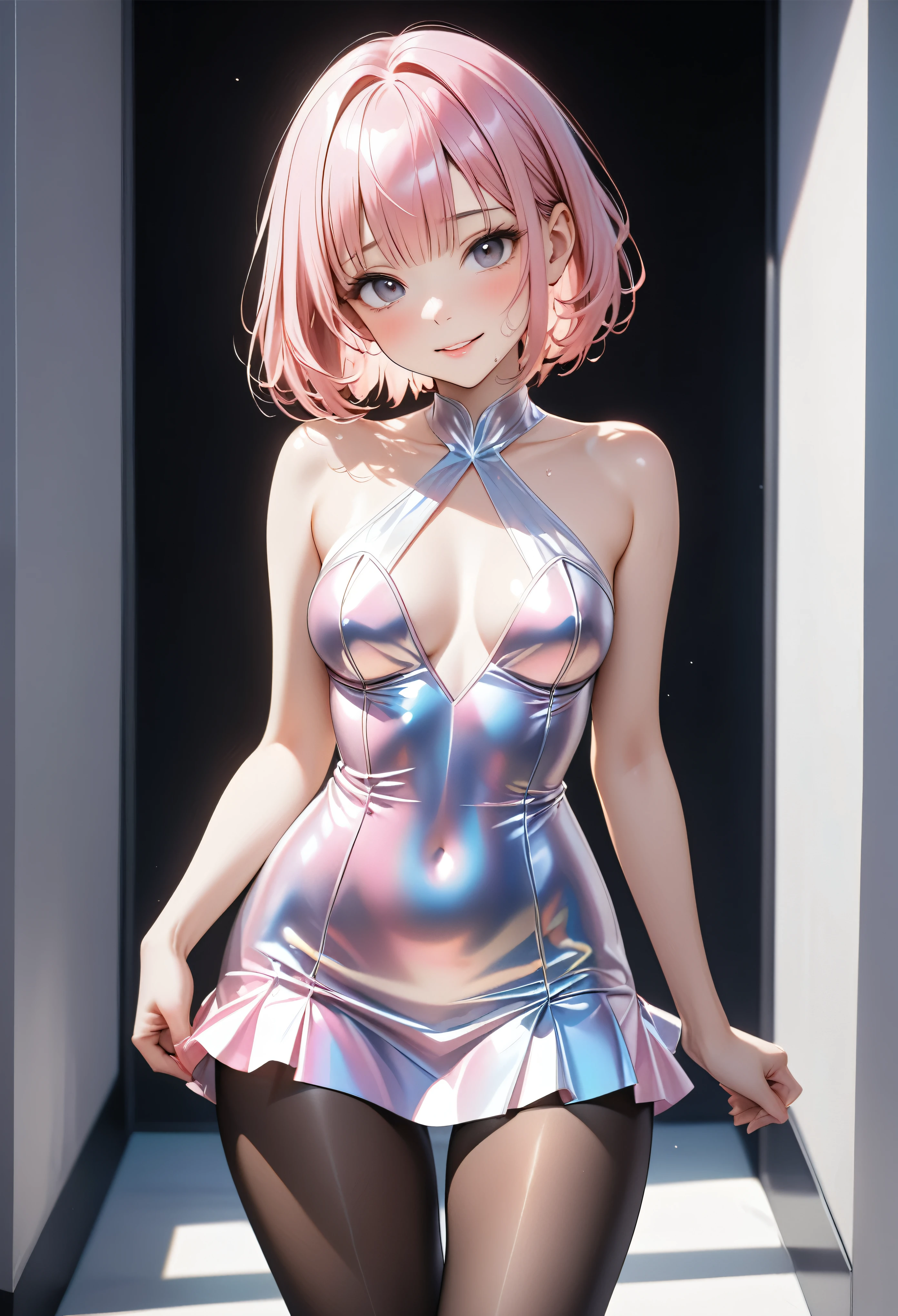 (((Sexy silk evening dress, pantyhose, mini skirt))), (holographic fabric:0.5), ((Shiny Costumes)), ((skindentation)), skinny, alone, solo, Masterpiece, highest quality, highest quality, 16K, incredibly absurd, highly detailed, 2.5D, ai-generated, delicate and dynamic, very delicate facial expressions, delicate eye depiction, erotic, only sexy woman, ((A cute and kind face)), healthy figure, ((1 adult woman)), 160cm tall, ((medium firm swaying bust)), medium breasts, (short hair), Straight Hair, (pink hair:1.5), bob cut, black eye, blush, Sweat,Embarrassed,sexy, ((thin thighs)), shiny and lustrous, facing straight at viewer, smile, ((standing)), ((arm at behind)), (camel toe:0.6), (visible nipples:0.4), (Erect nipples:0.8), Bright Park,