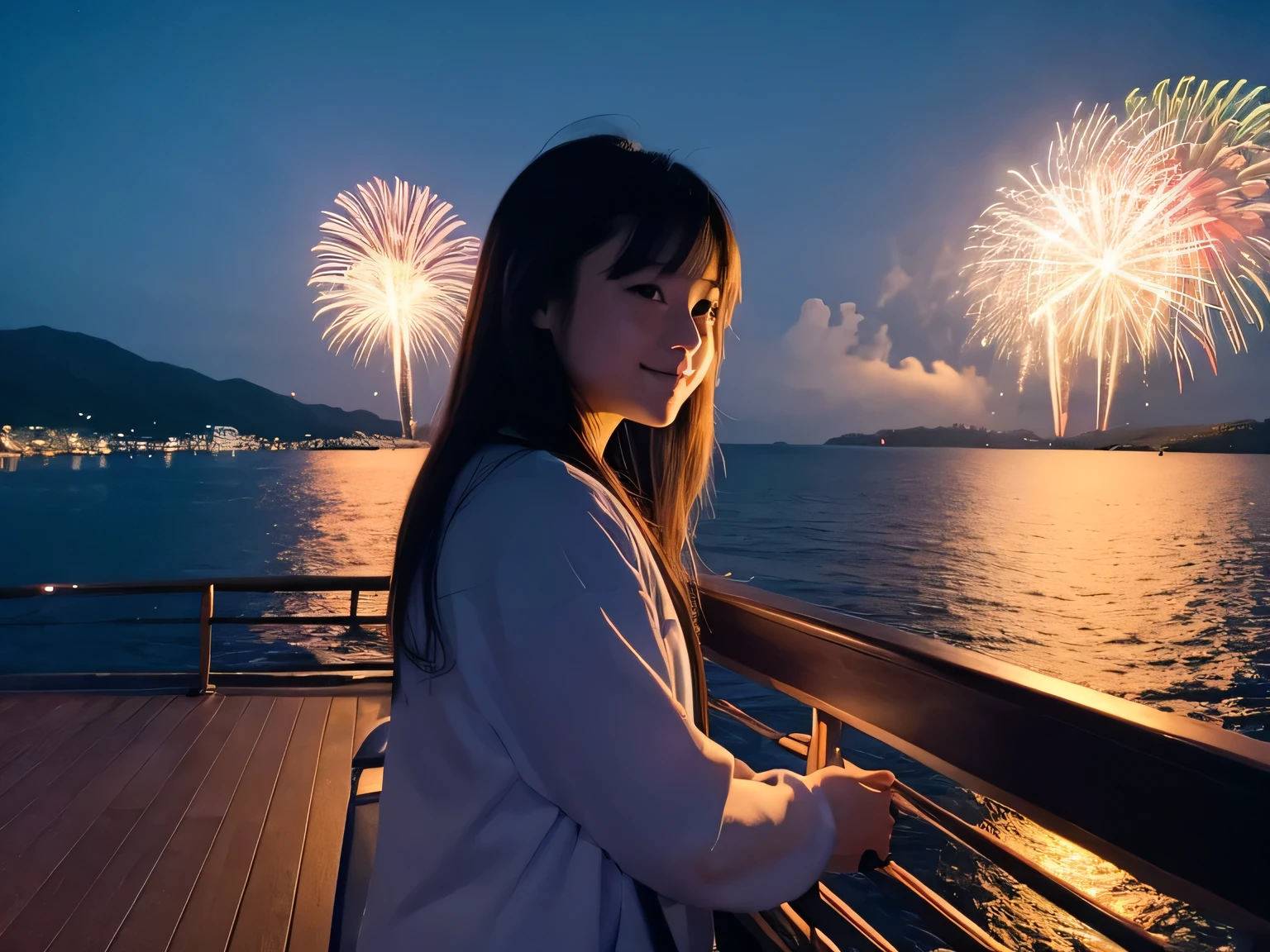 Vertical view、girl with、Fireworks reflected in the water、a smile、realisitic