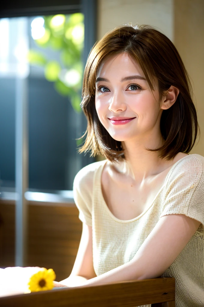 highest quality, Photoreal, finely, High resolution, 8k wallpaper, detailed and beautiful eyes, (shortcut、bob hair)、brown hair、(brown eyes)、((big breasts)),、(T-shirt with emphasized chest)、cleavage、Navel exposed、panties、25 years old、young japanese、Big eyes:1.2、double eyelids、sharp outline、Shiny skin、toned body、slim body:1.2、living room sofa、extraordinary smile