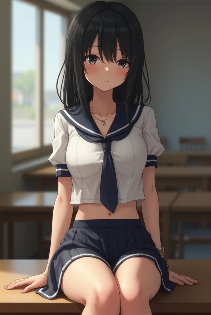 nsfw,alone, (One girl), Elementary school girl,8-year-old, ((White panties)), (wearing only the top half of sailor school uniform), Sailor with un-folded hems,  sexy, (Cowboy Shot),  ((Put your arms behind your head)), classroom, With a girl：Her hair is long and black, Her face is round and cute, Black Hair, Low twin tails, (Are standing),Shy, Embarrassing,(pussy cameltoe:1.0),Wet