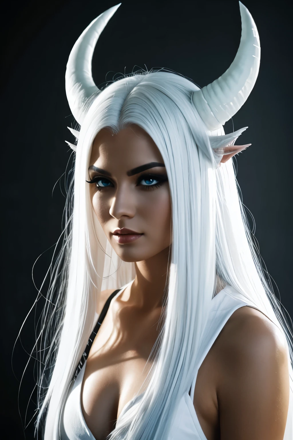 A 3D render of a gothic fantasy photo of a sensual, sexy Albino Goddess with white corset and White horns on her head. She has extremely long, ultra-realistic white Dreads hair. The goddess is wearing black Goth makeup.24K, The background is a dark, cave-like setting with stalactites and stalagmites. The overall image has a dark, moody ambiance with a reddish hue.