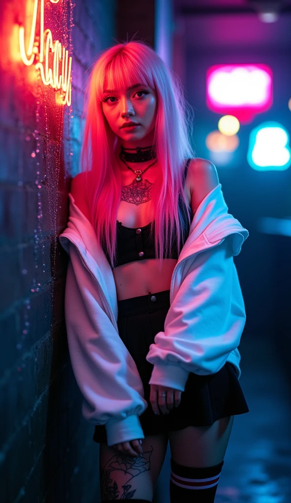 1 cyber punk girl, tech pink jacket, long shapeless, pink hair, best quality, masterpiece, ultra high res, (photorealistic:1.4), xiuxian, weapon, cleavage, (glowing neon lights:1.2) xiuxian, cowboy shot, ((east asian punk architecture))