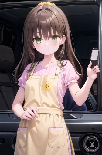 to follow, Yuki mandarin orange, ( Brown Eyes :1.5), Brown Hair,  hair accessory,  hair scrunchy, Long Hair,  pink scrunchie, scrunchie, ( flat chest:1.2),
break apron, blouse, clavicle, layered skirt, pink shirt, shirt, Short sleeve, skirt, Yellow apron,
break indoors, kitchen,
break looking at viewer, ( cowboy shot:1.5),
break (masterpiece:1.2), Best Quality,  high res,  unity 8k Wallpaper , (figure:0.8), (  beautifully detailed eyes kept in the car :1.6),   very detailed face,  perfect lighting, Extremely detailed CG, (Perfect hands,  Perfect Anatomy),,Large Breasts、