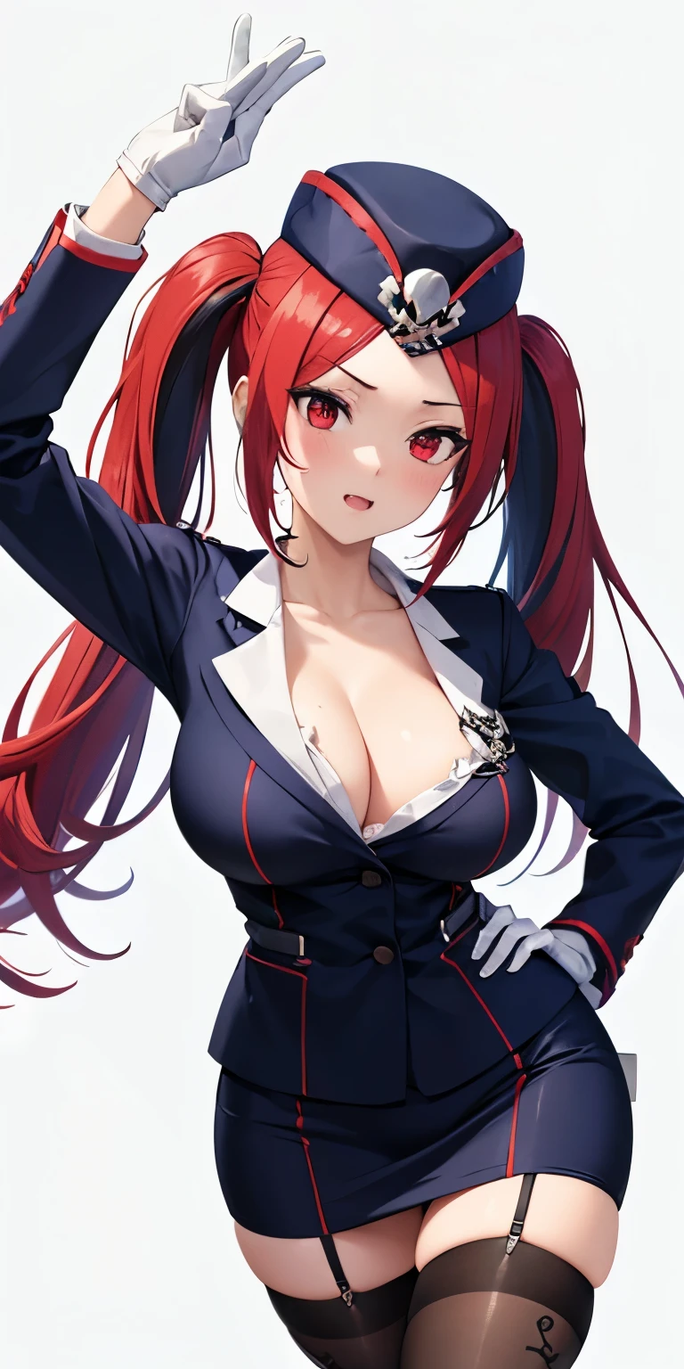 1 Female,High definition,high resolution,Ultra-realistic,8K, 1girl, solo, red hair, red eyes, twintails, employee uniform, pencil skirt, skull print, navy cap, fang, black legwear, white gloves, large breasts,European,sexy,Upper body close-up,Photographed from the front,Dynamic Angles,(blush), (medium tits) , multicolored hair 