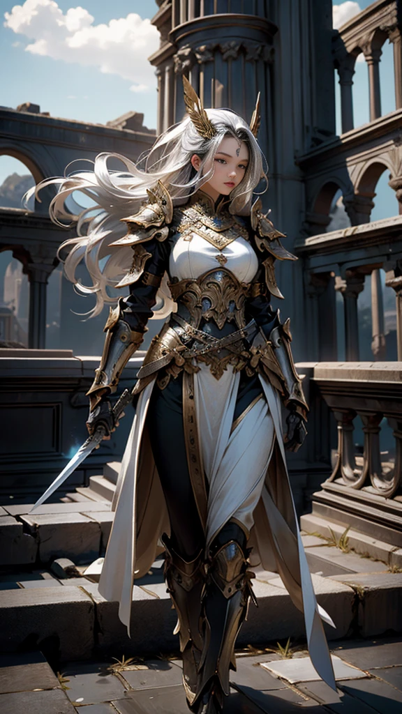 8k, CRU photo, photorealistic 1.25), Tall and slender girl, with light gray eyes, Waist slender, silver white hair, neutral expression on the face, photo by full body (best qualityer) smooth white skin (high détail), , wearing shining silver armor, natural shadow, beautiful female armor (best qualityer, high détail), expose thighs, messy hair, expose waist, starry sky background, cinematic lighting, anatomically correcte, High gloss armor, soft skin, high détail, high resolution, Ultra high saturation, hight contrast, texturized skin, hiper HD, ancient temple.