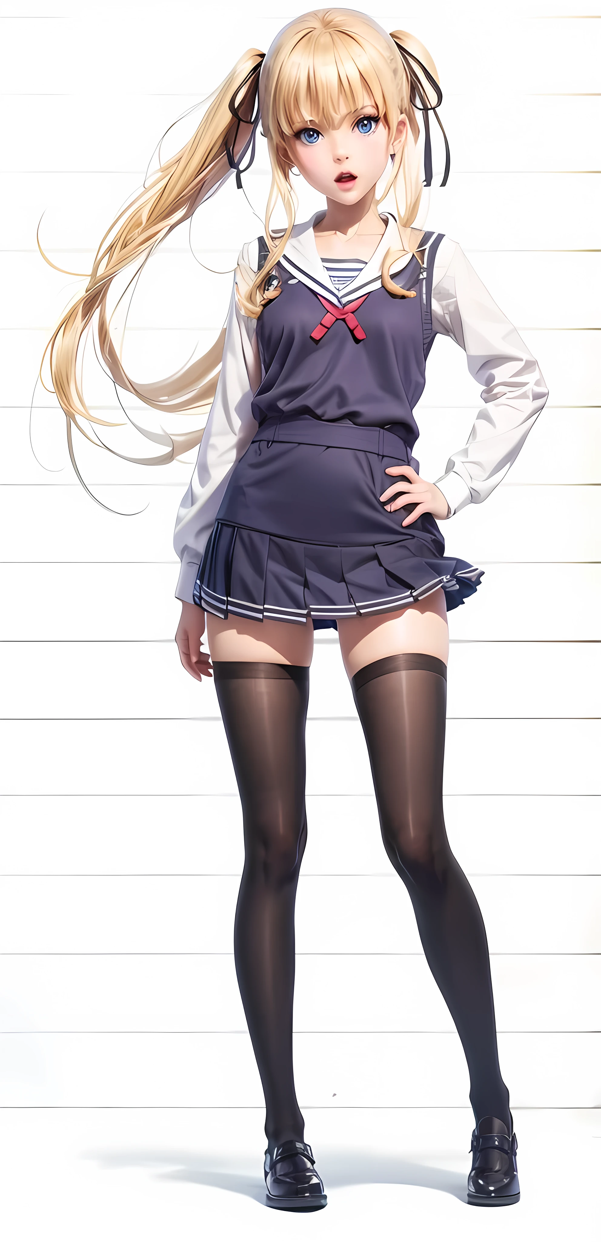 ph_eriri, sawamura spencer eriri, 1girl, blonde hair, blue eyes, school uniform, school uniform, sailor collar, white shirt, bangs, sweater vest, black ribbon, long sleeves, pleated mini skirt, black mini skirt, black thighhighs, twintails, solo, fang, long hair, open mouth, hair ribbon, locker, anime coloring, parody, serafuku, blush, full body, standing, seductive view, sexy seductive pose, outdoor, holding waist