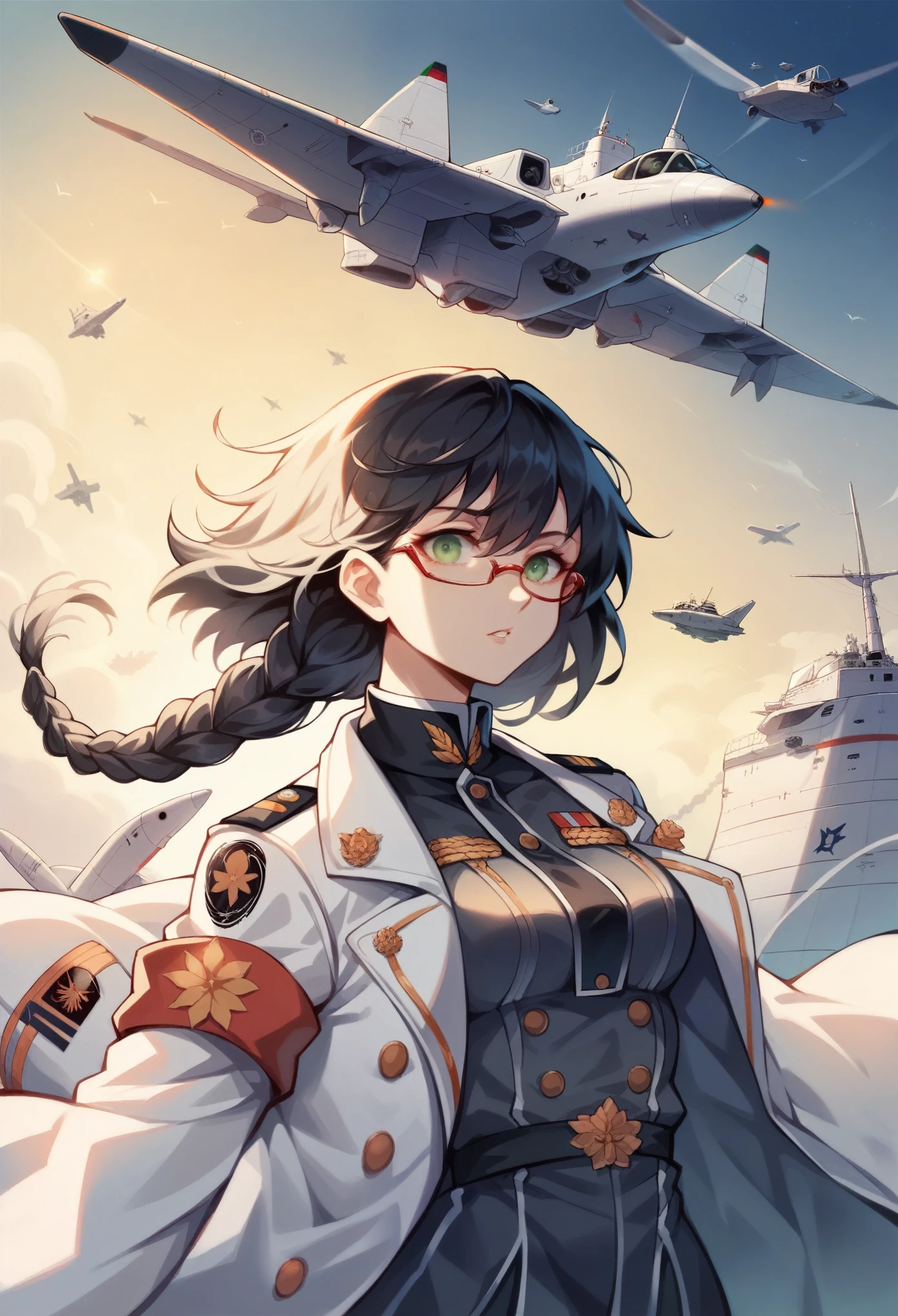 (double braids and bangs: 1.8), (most realistic facial details), referring to the British World War II Commander's uniform: 1.5), a 28-year-old woman, tall, ?????????????, dark eyes, dark hair. Dark black with thick red glasses, dressed modestly. as the supreme commander stood In the middle of the runway and watching the plane take off, masterpiece, realistic, sci-fi science fiction, beautiful eyes, realistic sci-fi movie, (remote camera), CG face decoration, realistic