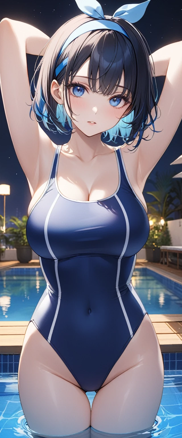 (Unity 16K Wallpaper, masutepiece, Best Quality, Ultra-detailed, extremely details CG, Caustics, Cinematic lighting, Detailed, Beautiful detailed eyes, Solo,Pool side),Ultra High Resolution, Fine skin、A sexy,NSFW,(School Swimsuit:1.3), Very big big,12year old、cleavage of the breast、Blue eyes，blue hairs, Perm Hair, Red cheeks, embarrassed from,Sitting, Spread legs wide, a pixie cut、Massive pee jets