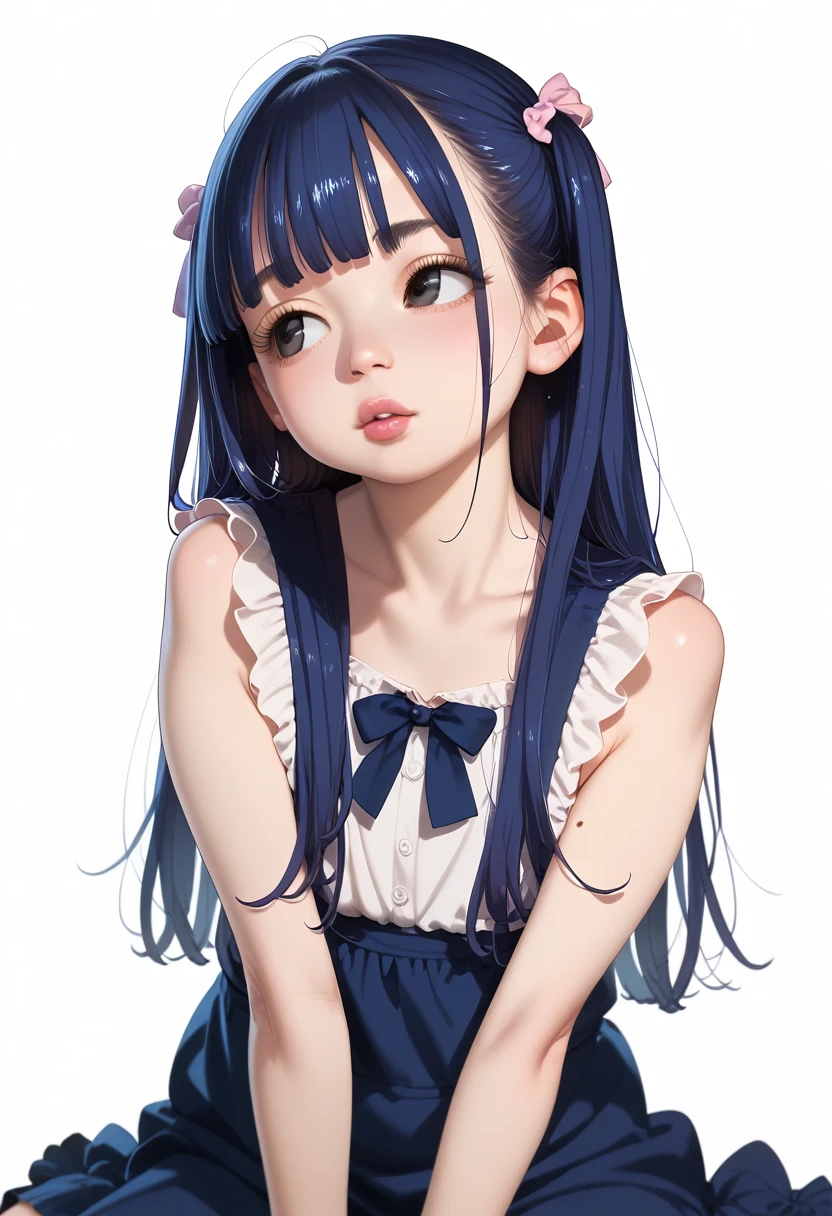 {{masterpiece, best quality, high resolution, perfect anotomy, flat color:1.5, color pencil drawing:1.5, 8k, dynamic angle}}, white background,

 1 girl, dynamic pose, looking away, 

14_yo, japanese girl, indigo blue hair, long hair, straight hair:1.5, hime cut, silky hair, detailed hair, wearing jirai kei swimingwear:1.4, detailed face and eyes, oval face, rosy cheeks, navy eyes, longeyes, detailed eyelashes, long eyelashes, lower_eyelashes, no glasses, (no makeup), mole under left eye, wide-set eyebrows, thick lips, ideal ratio body proportions:1.8, potbelly:0.8, tall:0.2, 8 heads tall, flat chest, clear skin,