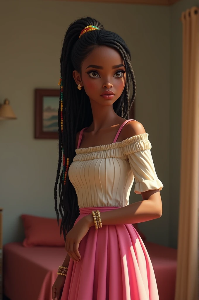 Anime dark skinned girl with light brown box braids with beige beads attached to the braids, with big doe dark brown eyes, long lashes, round lips, skinny pear shaped body with large hips but flat stomach and small . Wearing a tight long dress.