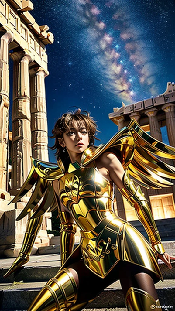 Ultra high color（masterpiece）， Full body photo，（Best Quality）， （One Love ）， Tilo Super Wide ，  Focus Face ，  wears shiny gold armor ， Sexy Armor，No underwear， Hold Your Chest ，Pull out your hips，exposing thighs，Cool pose， Saint Seiya Armor，  Hair is disheveled ，high detail,  anime style, Cinema Lighting,  Armor shines with gold ,  Deus Ruth ,  Suji Trace ,  film grain, Hyper HD, Texture, Super detailed,  correct anatomy ,  high res，Ultra high color， high contrast ，High Gloss Armor，The First Shepherd，(Brown Hair, shortcut ), The giant golden wings behind him are down， Golden Armor spreads its wings 、Brown Hair, shortcut , detailed beautiful face  ,Brown trousers,Dramatic lighting, (Greek temple background:1.3),Night Sky,milky way