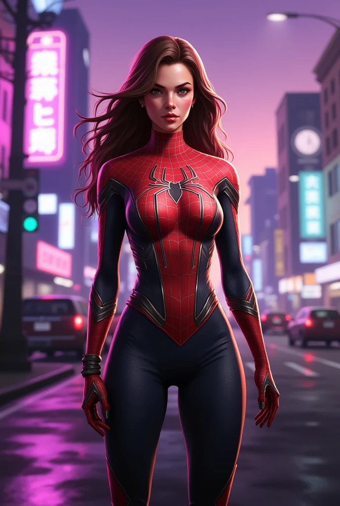 Semi-realism, Anime style, shiny skin, white skin, Spider woman, red spiderman suit, spider logo on chest, detailed clothing, realistic lighting, volumetric fog, dramatic moody lighting, vibrant colors, stunning 4k, highly detailed, photorealistic, masterpiece