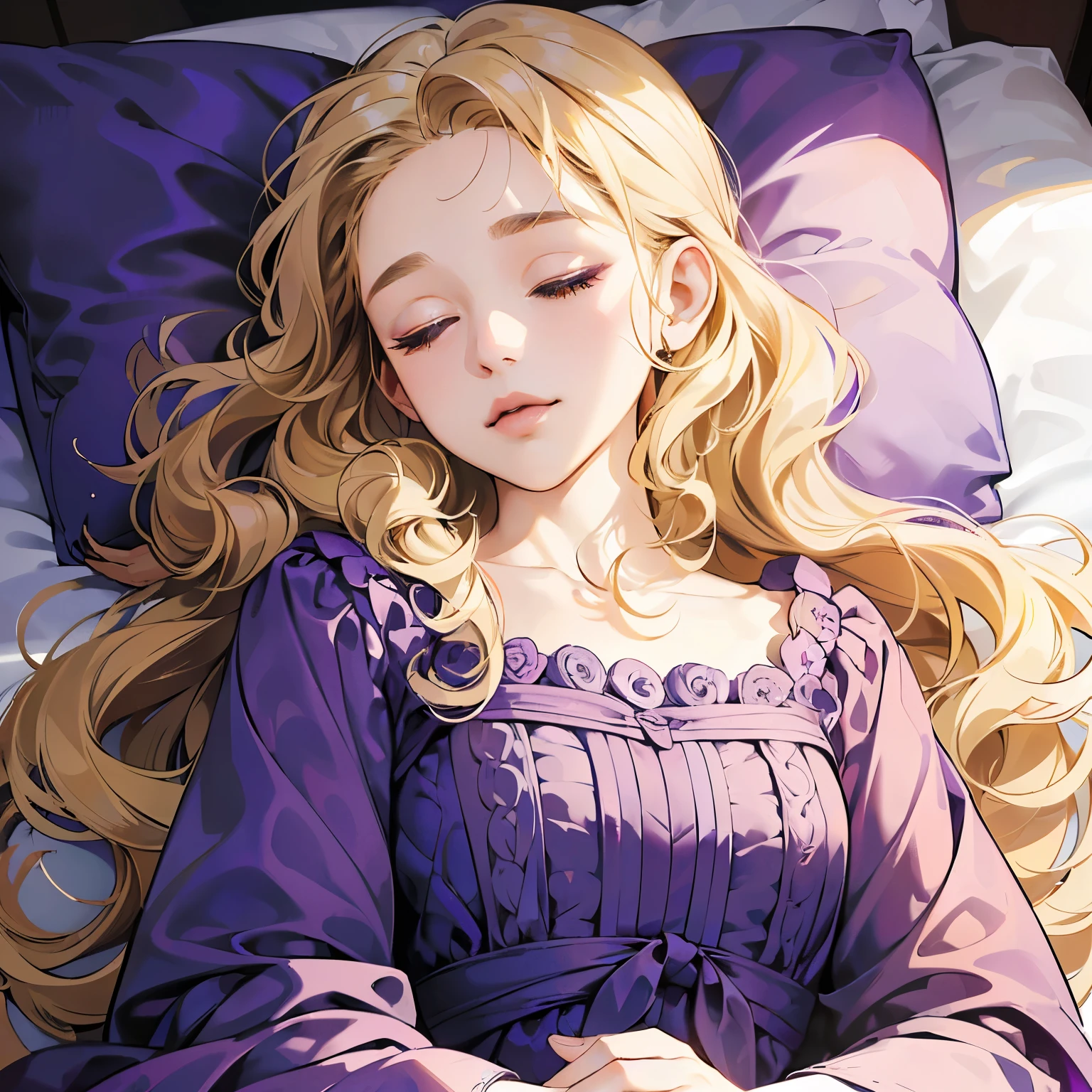 4k, (masterpiece), best quality, high quality, ****ung girl, pretty, beautiful, cute face, (no makeup, short eyelashes, long blond hair, curly hair, closed eyes, (long curly hair), benevolent_face, wearing a purple dress, interlocked_fingers, lying on the bed, lying, upper body,