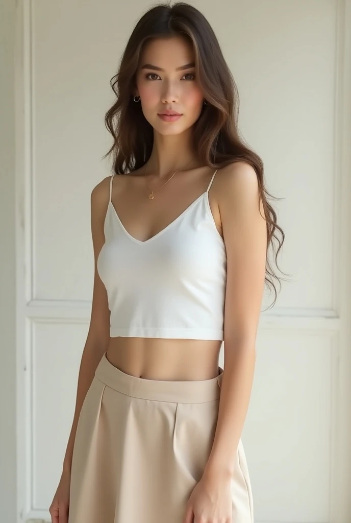 1 girl looking in camera, Her hair is long, She is beautiful, She has a very beautiful face, She has pale skin, She has clear skin, She is dressed in a white top and skirt, c-cup breast, Her shoulders are bare, Beautiful lighting, beste-Qualit, Excellent quality, Excellent quality, Brilliant lighting, evening light, Dark lighting, little light