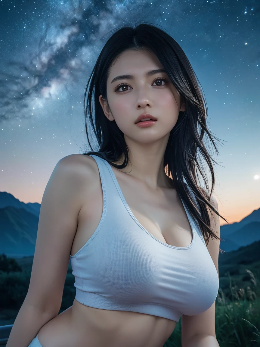 Best Quality, shape,  very detailed, Subtle details,  high res, 8K wallpaper,  Perfect Dynamic Composition,  Beautiful Details Natural Lips , Big Breasts,( Tank Top and Hoodie), Large Breasts,Clevis, Perfect glowing skin, Perfect Skin, (Wavy long hair), (Night Sky),(Beautiful valley)