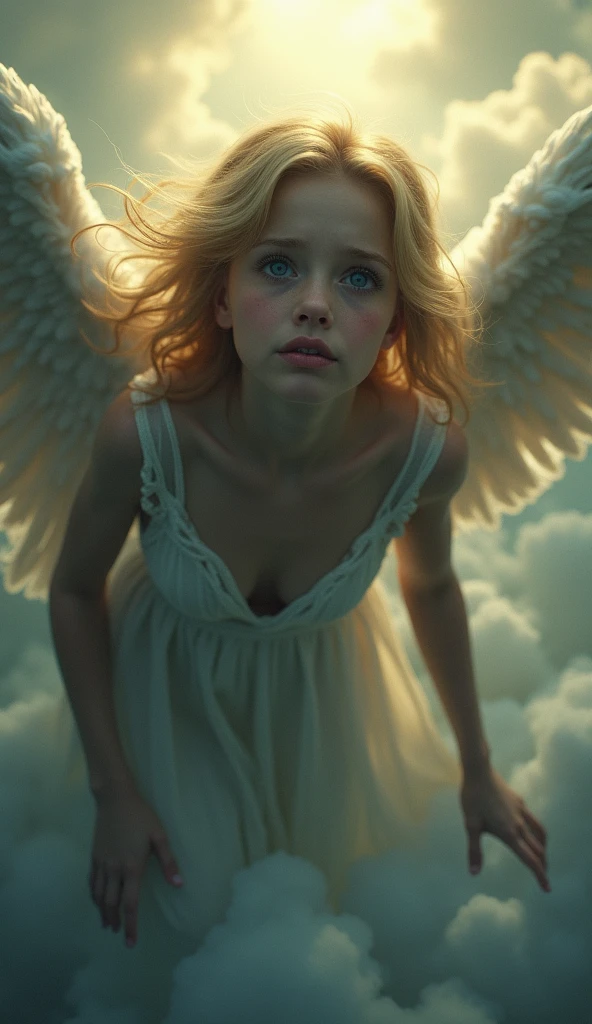 Emma Watson, long shot scenic professional photograph of Angel, hero view, action pose, beautiful extremely detailed piercing eyes, scenery, detailed background, masterpiece, best quality, high quality, absurdres perfect viewpoint, highly detailed, wide-angle lens, hyper realistic, with dramatic sky, polarizing filter, natural lighting, vivid colors, everything in sharp focus, HDR, UHD, K