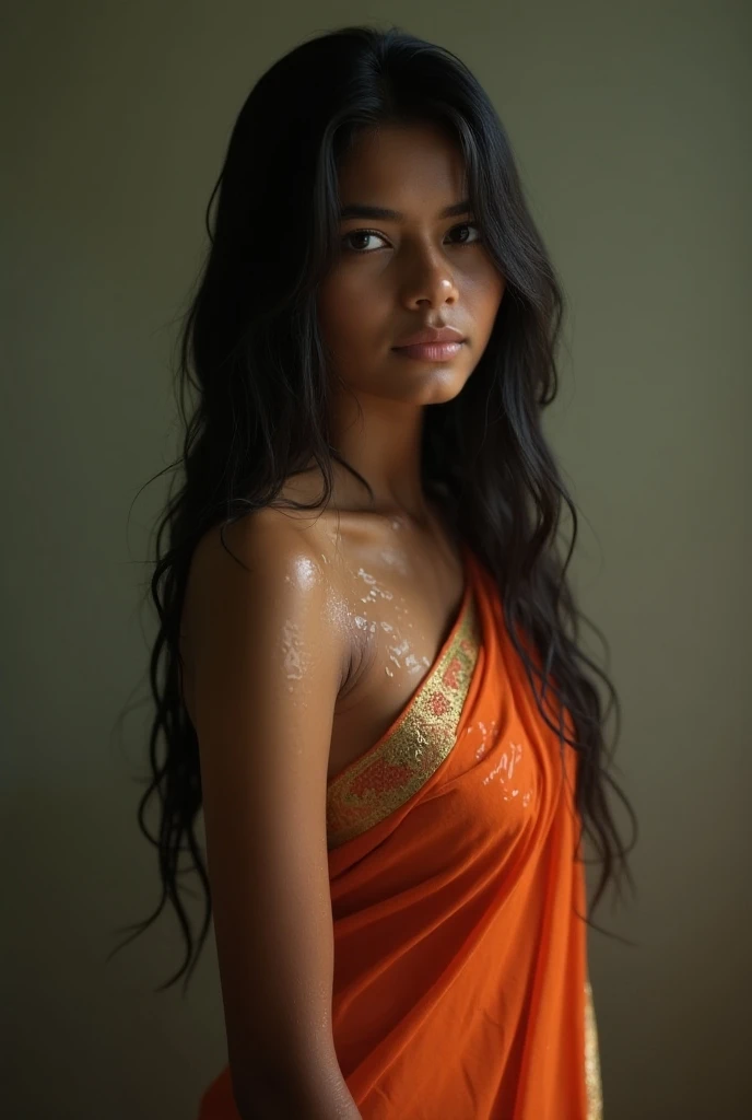 a photo realistic beautiful 16-year cute skinny sri lankan girl . wearing a skin tight seethrough silk saree. camera should be focus on her detailed semi (naked nude) back side
