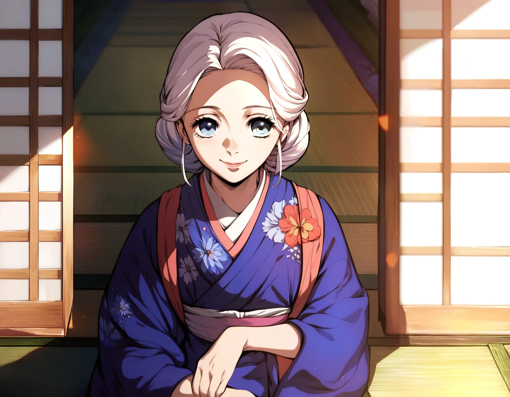 score_9, score_8_up, score_7_up, ((masterpiece,best quality)), 1 girl, , White hair, (long straight hair), sitting, beautiful girl, kimono, white haori, day time, face focus, smile, tatami floor