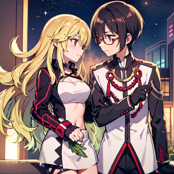 1 boy with black hair, Red jacket and glasses romantically kissing a girl with blonde hair and red eyes. With a white miniskirt, city at night in the background., True love, blushing cheeks, high quality, Milla Maxwell from Tales of Xillia 