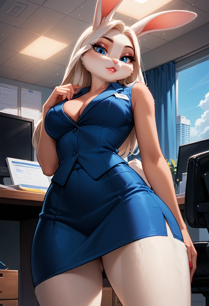 score_9, score_8_up, score_7_up, 1girl, solo, very sexy (lolabunny, anthro, furry female, rabbit ears, rabbit girl, animal nose, beautiful eyes, blue eyes, detailed face, body fur, tail:1.3), beautiful waifu, sexy office attire, sleeveless shirt, tight skirt, short skirt, collared shirt, cleavage, confident, seductive, flirt, gaze, sexy look, head tilt, filled lips, thick lips, sexy pout, (standing, leaning back against large modern office desk, in modern corporate office, high floor:1.2), model pose, sexy pose, elegant, glamorous, dimly lit, expressiveh d4rk01l, perfect hands, perfect proportions, low angle.