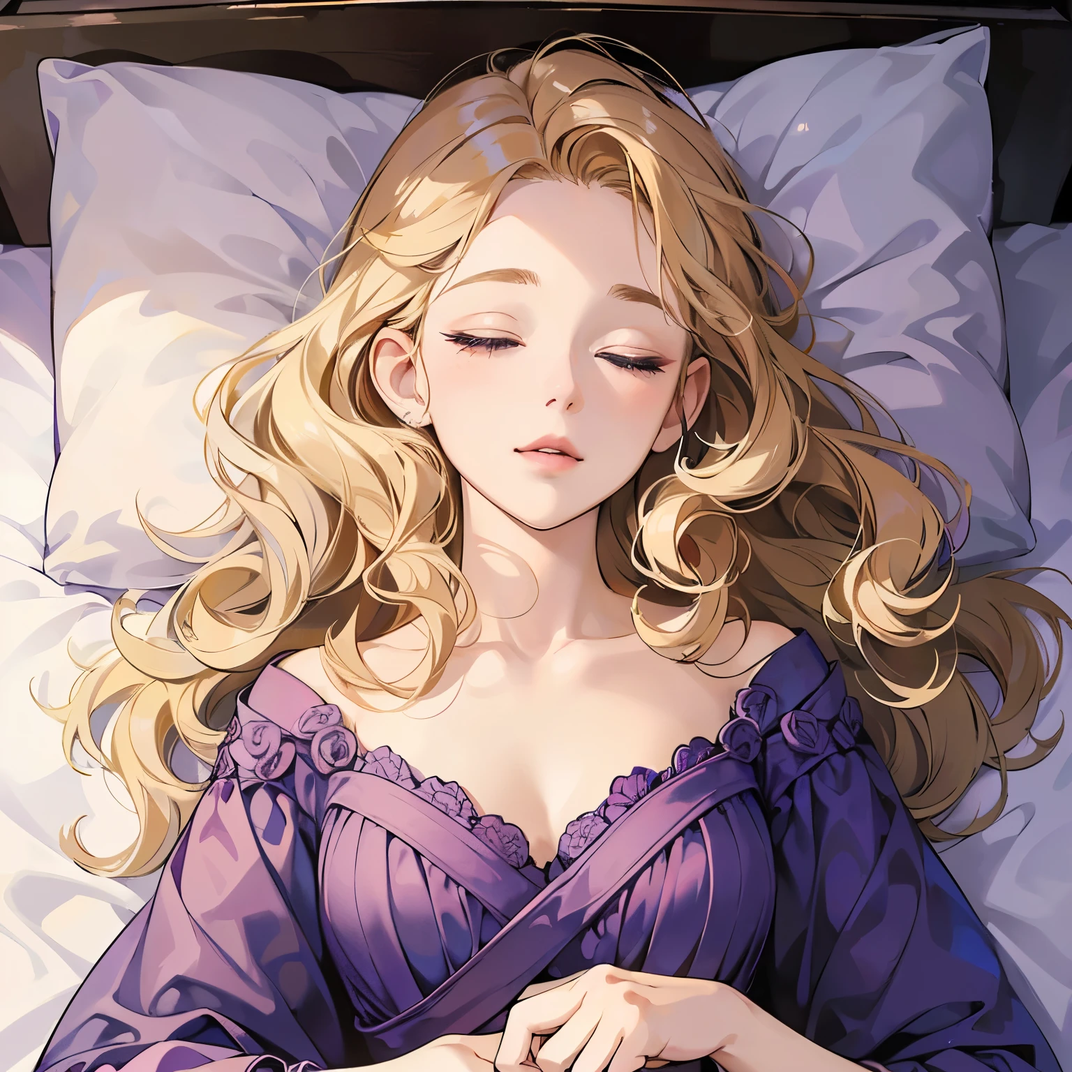 4k, (masterpiece), best quality, high quality, ****ung girl, pretty, beautiful, cute face, (no makeup, short eyelashes, long blond hair, curly hair, closed eyes, (long curly hair), benevolent_face, wearing a purple dress, lying on the bed, lying, upper body,