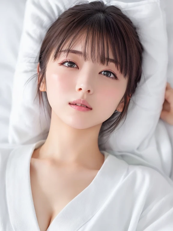 masterpiece, Best Quality, One Woman, (White bathrobe:1.2), Age 30、(RAW 写真Best Quality), (reality, reality的:1.4), sexy、iris、 very detailed eyes and face ,  has a beautiful, detailed nose, beautiful eyes,  Perfect Anatomy、 short hair、Cleavage、Shiny skin、Blushing、Tipsy、Downcast eyes、Hollow Eyes、Open your mouth、Surprised expression、 Lying down、bed、Face Focus、