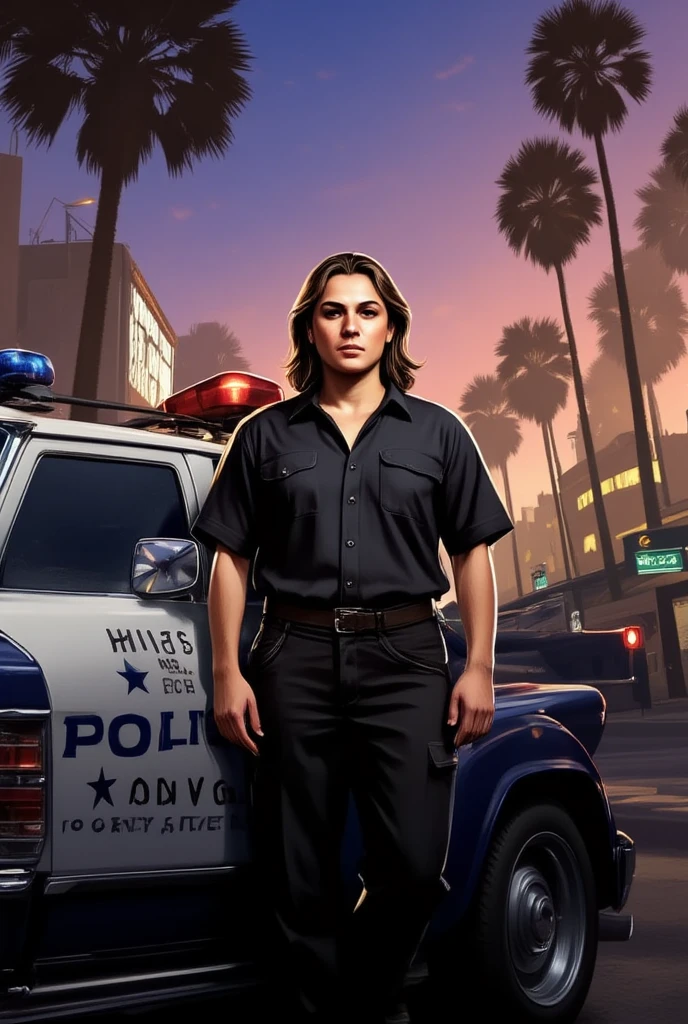 A woman standing beside a black police car on street, flashing warning light, night, police uniform black shirt and trousers , palm trees, a logo with text "GRAND THEFT AUTO V" in the below, game poster