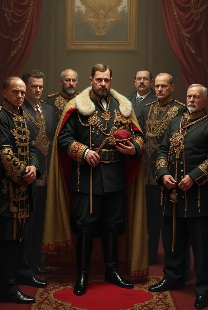 A dictator ruling over a dystopian society, extravagant and imposing figure, dark aura, stern expression, formal military uniform with golden accents and insignias, surrounded by loyal bodyguards, intense, piercing eyes, strong jawline, commanding presence, authoritative posture, dramatically lit by harsh overhead lighting, intricate and detailed decorations on the walls, floor-to-ceiling windows with views of a bleak cityscape, hints of repression and fear, hint of rebellion in the background, high-quality 4K resolution, realistic and photorealistic, vibrant and contrasting colors, deep shadows and highlights, reminiscent of a historical portrait, oil painting style, with a touch of surrealism.