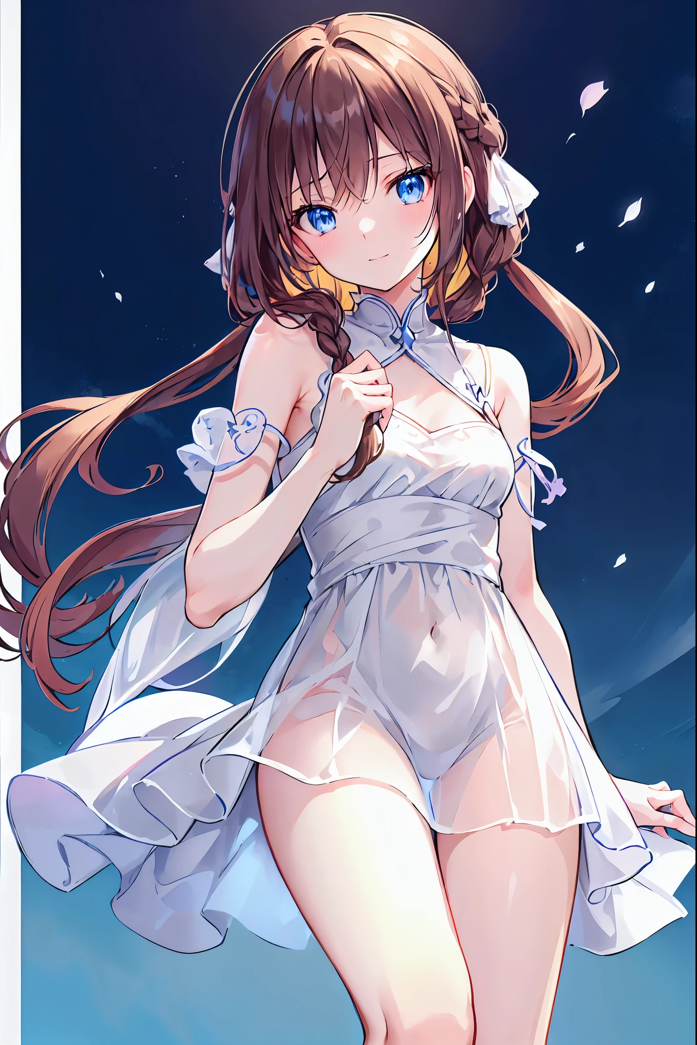(animesque:1.3), Extreme refinement, 1girl in、Aloof look、A pure girl, , plain white dress, smock dress, babydoll dress, long straight hair, brown hair, bangs, mysterious, brown eyes, innocent, pure, angelic shoujo, 2000’s anime style() ( body) (very thin) (no curves)