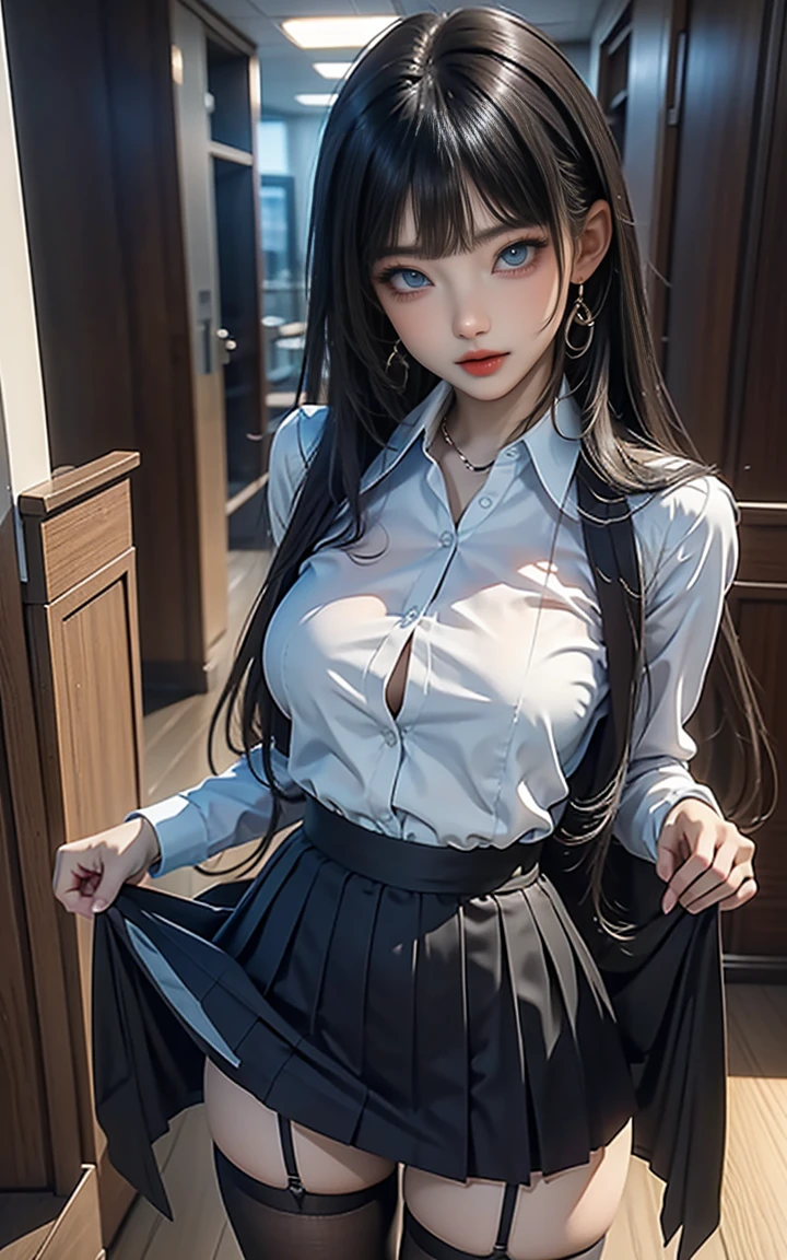 masterpiece,  a beautiful girl ,  meticulous eyes, Purebred face_v1, Top quality, Ultra  high resolution, (Reality: 1.4), Japanese, Korean, very beautiful, Korean Idol, Beautiful skin, slim，Very sexy, (超Reality), ( high resolution), (8K), ( Very Detailed ), Delicate face, Bright Lights, Professional lighting,  and look at the audience, Facing straight ahead，sexy pose，（Short skirt、Perspective White Shirt、POV BIG NIPPLES），(((Skirt lift,  not wearing underwear)))，black stockings，blue black hair,  long hair , Hair curler , With bangs。