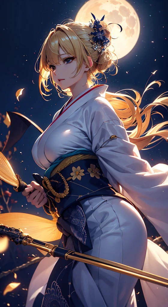 masterpiece, high quality, 4K, Beautiful design, silhouette，blonde， 非常に詳細な夜のStarry Sky,Flower Field， wonderful, Finer details,  Very knowledgeable woman, Highly detailed solo, 1 female,Big Breasts，Big Ass，Underwear Line，Yukata in white color，Night view，Starry Sky，full moon，