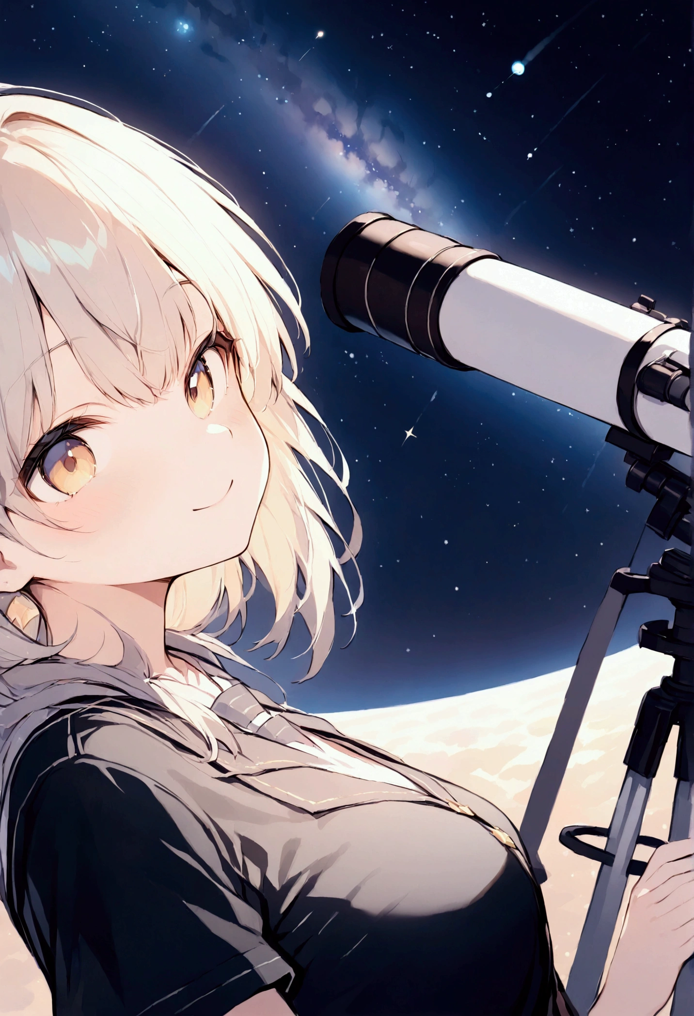 Masterpiece, 8k, Astronomical Observation, Image illustration,Panorama, Starry Sky, Girl next to the telescope ,A splendid astronomical telescope🔭,  uniform,  angle seen from the side of the girl's face, smile, at night,Mountains, 満天のStarry Sky, Planetarium,  angle seen from the front , Close to the audience, mihoyo style illustration, (watercolor|1.3)