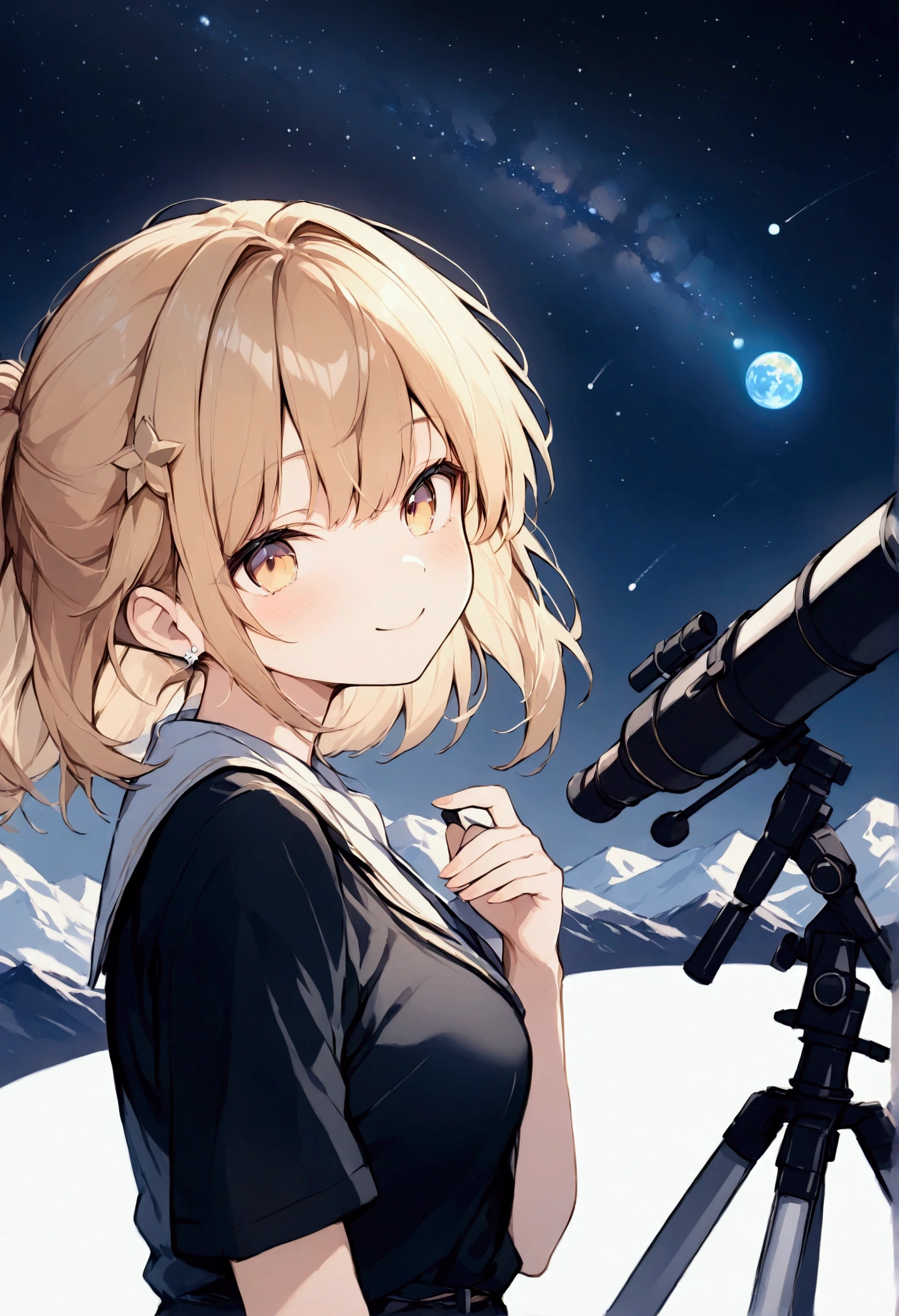 Masterpiece, 8k, Astronomical Observation, Image illustration,Panorama, Starry Sky, Girl next to the telescope ,A splendid astronomical telescope🔭,  uniform,  angle seen from the side of the girl's face, smile, at night,Mountains, 満天のStarry Sky, Planetarium,  angle seen from the front , Close to the audience, mihoyo style illustration, (watercolor|1.3)