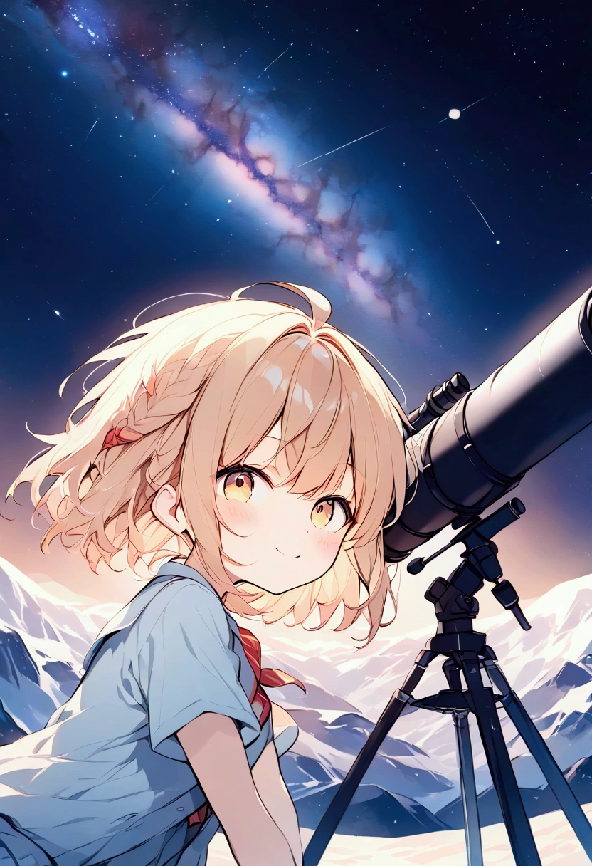 Masterpiece, 8k, Astronomical Observation, Image illustration,Panorama, Starry Sky, Girl next to the telescope ,A splendid astronomical telescope🔭,  uniform,  angle seen from the side of the girl's face, smile, at night,Mountains, 満天のStarry Sky, Planetarium,  angle seen from the front , Close to the audience, mihoyo style illustration, (watercolor|1.3)