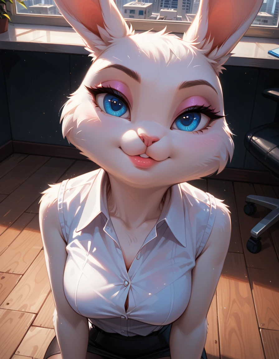 score_9, score_8_up, score_7_up, 1girl, solo, very sexy (lolabunny, anthro, furry female, rabbit ears, rabbit girl, animal nose, beautiful eyes, blue eyes, detailed face, body fur:1.3), beautiful waifu, sexy office attire, sleeveless shirt, collared shirt, confident, seductive, flirt, gaze, sexy look, head tilt, filled lips, thick lips, sexy pout, (in modern corporate office, high floor, view of city from window:1.2), model pose, sexy pose, elegant, glamorous, dimly lit, expressiveh d4rk01l, perfect proportions, (face portrait, close-up shot:1.2).