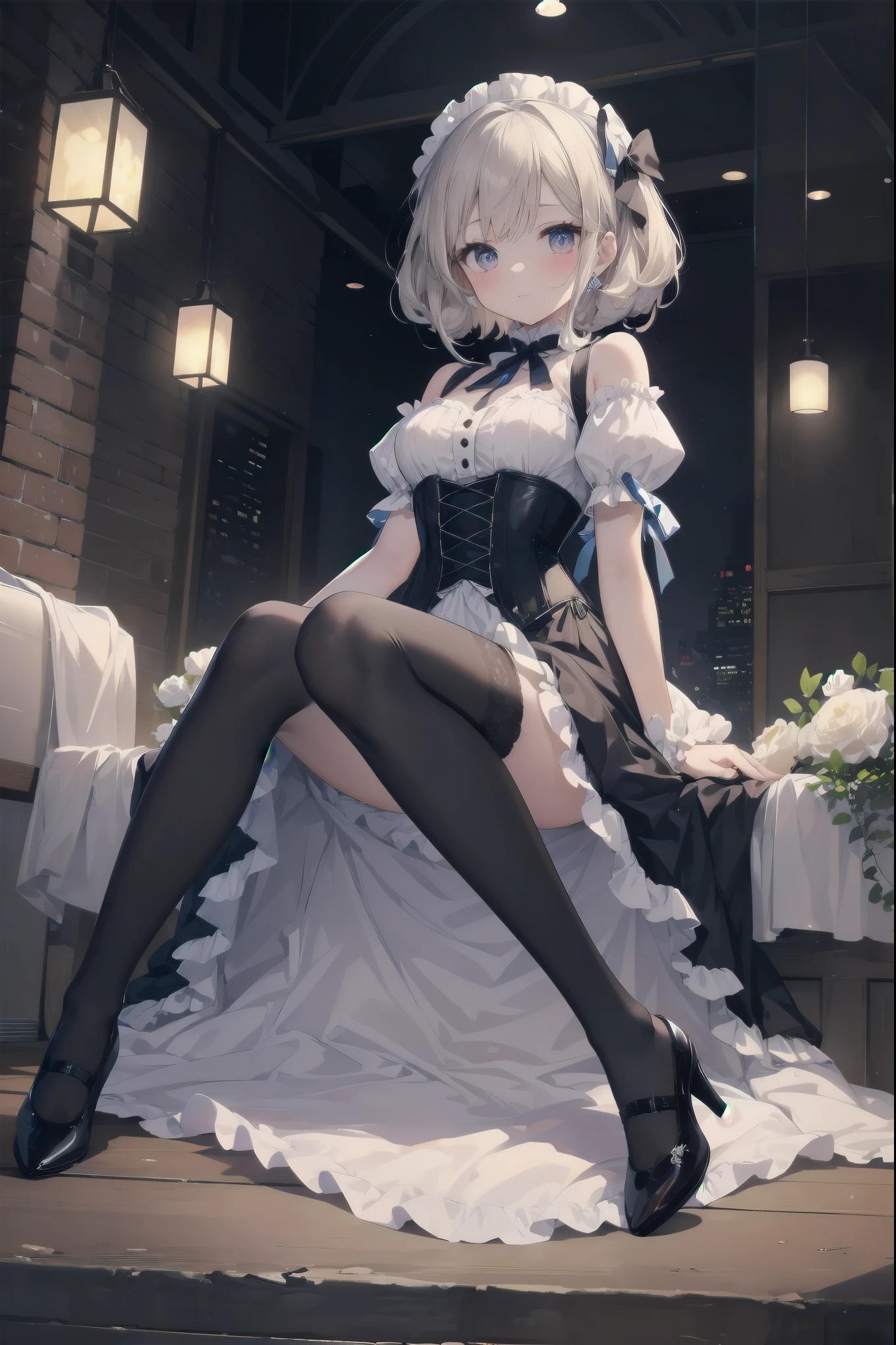 (limited palette), Best quality, (((Masterpiece))), (((Beautiful detailed hair))), (((beautiful detailed skin))), Solo, Little girl, Younger, Loli, (((White hair))), Red eyes, (mascara), Blunt bangs, ((Hair over eyes)), Long hair, Medium breasts, Frilled white miniskirt, White frills, Too much decoration, Rose, Noble, setia, The bride's hair, (((Eye focus))), (((Expressionless))), The background is blurred out, Empty eyes, Blank eyes, (Red theme), Metro background, view the viewer, (((hair tucking))), (((Night))), Semi-closed Eyes, Close-up, (((hair adornments))), , Neatly cut bangs, There are braids on the back of the head, Sleeveless dress,perfect hand,perfect foot,with perfect legs,Black pantyhose,、slender leg,Silk feet,black pantyhoses,black lence stockings,Perspectiveal,Black socks,Black socks,Black stockings,Black socks,Black tights,blackstockings,Type M,legs separated,opening legs,low chest,cleavage,long leges,cropped shoulders,No shoes,bends his knees,squatt,Hold your legs,knee hugging