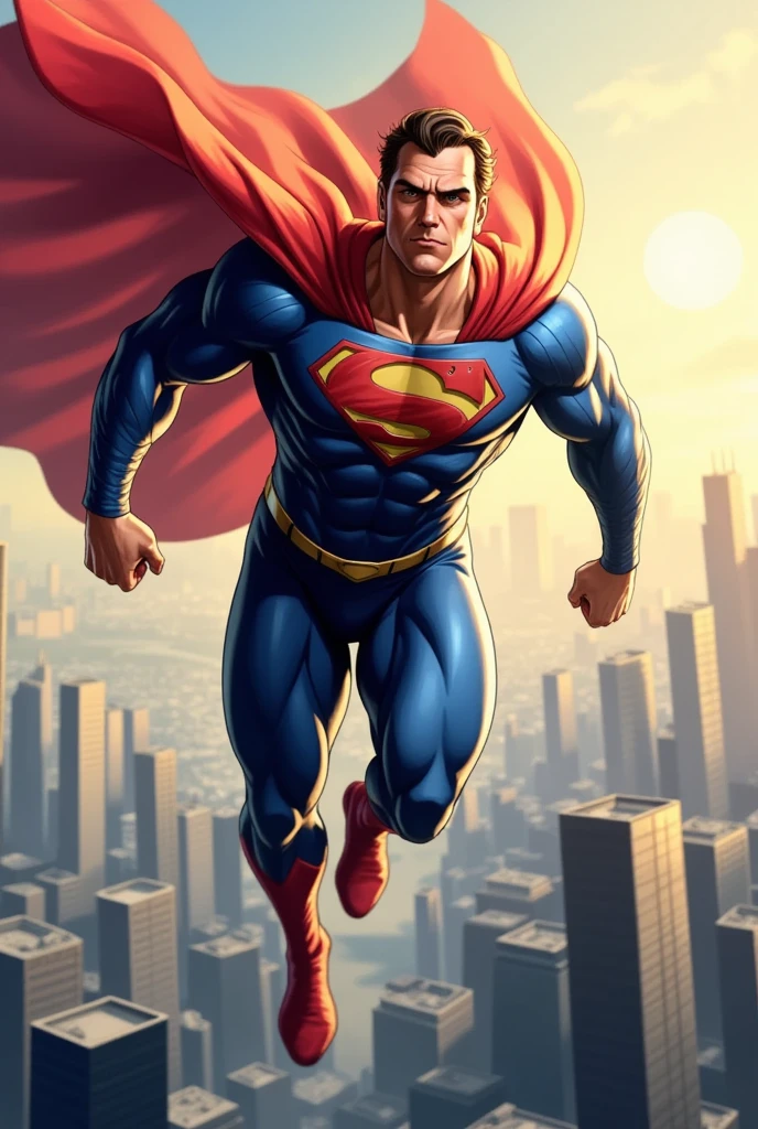 a muscular man with a chiseled jawline, piercing blue eyes, and a strong, heroic presence, wearing a skin-tight blue and red costume with a flowing red cape, mid-flight, soaring over a city skyline with skyscrapers in the background, cinematic lighting, dramatic,