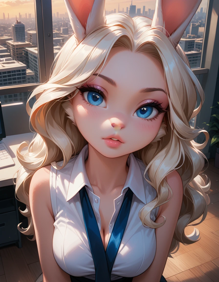 score_9, score_8_up, score_7_up, 1girl, solo, very sexy (lolabunny, anthro, furry female, rabbit ears, rabbit girl, animal nose, beautiful eyes, blue eyes, detailed face, body fur, long wavy hair:1.3), beautiful waifu, sexy office attire, sleeveless shirt, collared shirt, confident, seductive, flirt, gaze, sexy look, head tilt, filled lips, thick lips, sexy pout, (in modern corporate office, high floor, view of city from window:1.2), model pose, sexy pose, elegant, glamorous, dimly lit, expressiveh d4rk01l, perfect proportions, (face portrait, close-up shot:1.2).