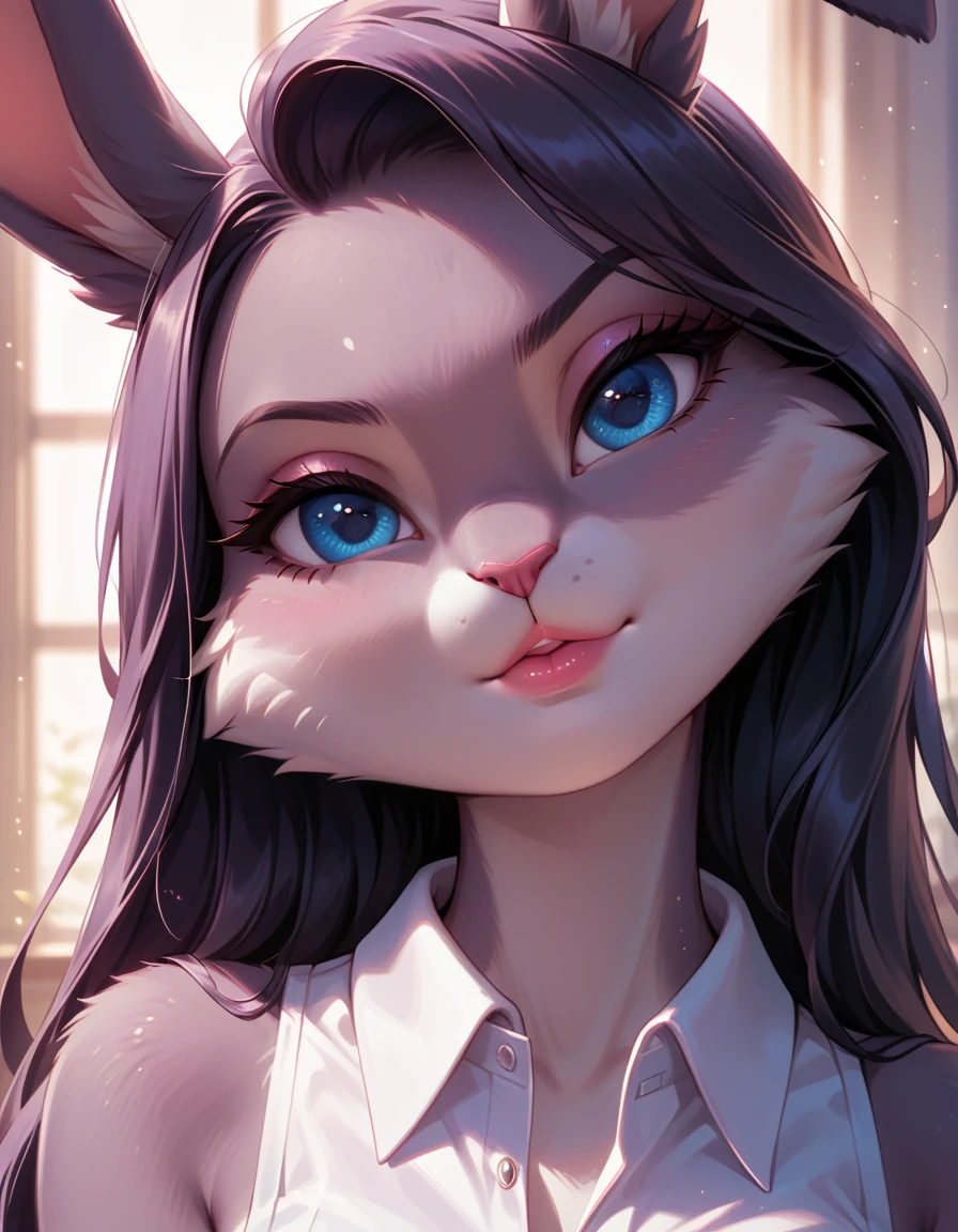 score_9, score_8_up, score_7_up, 1girl, solo, very sexy (lolabunny, anthro, furry female, rabbit ears, rabbit girl, animal nose, beautiful eyes, blue eyes, detailed face, body fur:1.3), beautiful waifu, sexy office attire, sleeveless shirt, collared shirt, confident, seductive, flirt, gaze, sexy look, head tilt, filled lips, thick lips, sexy pout, (in modern corporate office:1.2), model pose, sexy pose, elegant, glamorous, dimly lit, expressiveh d4rk01l, perfect proportions, (face portrait, close-up shot:1.2).