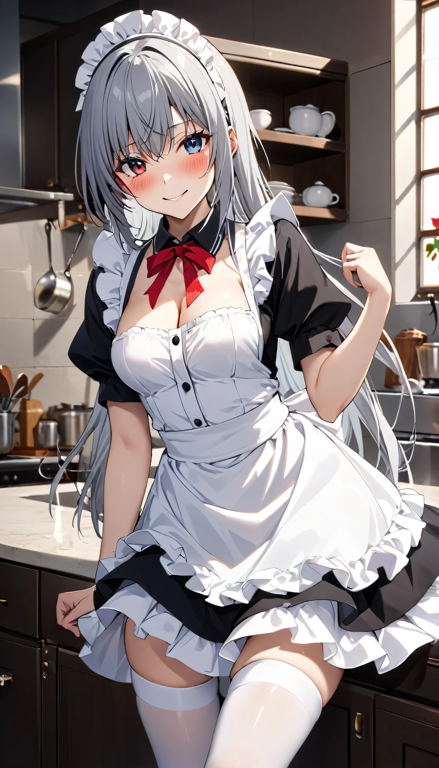 High resolution,  Masterpiece , precise,  best quality ,  High Detail, โมเดลHigh resolution, background, kitchen, From the series TenSura - Tensei Shitara Slime Datta Ken, Luminous Valentine, Long hair, Gray hair, (Blue eyes:1.2), Red eyes(Red eyes:1.2), Black pupil, Blushing, Medium bust, Wear a maid outfit,  White Stockings, smile