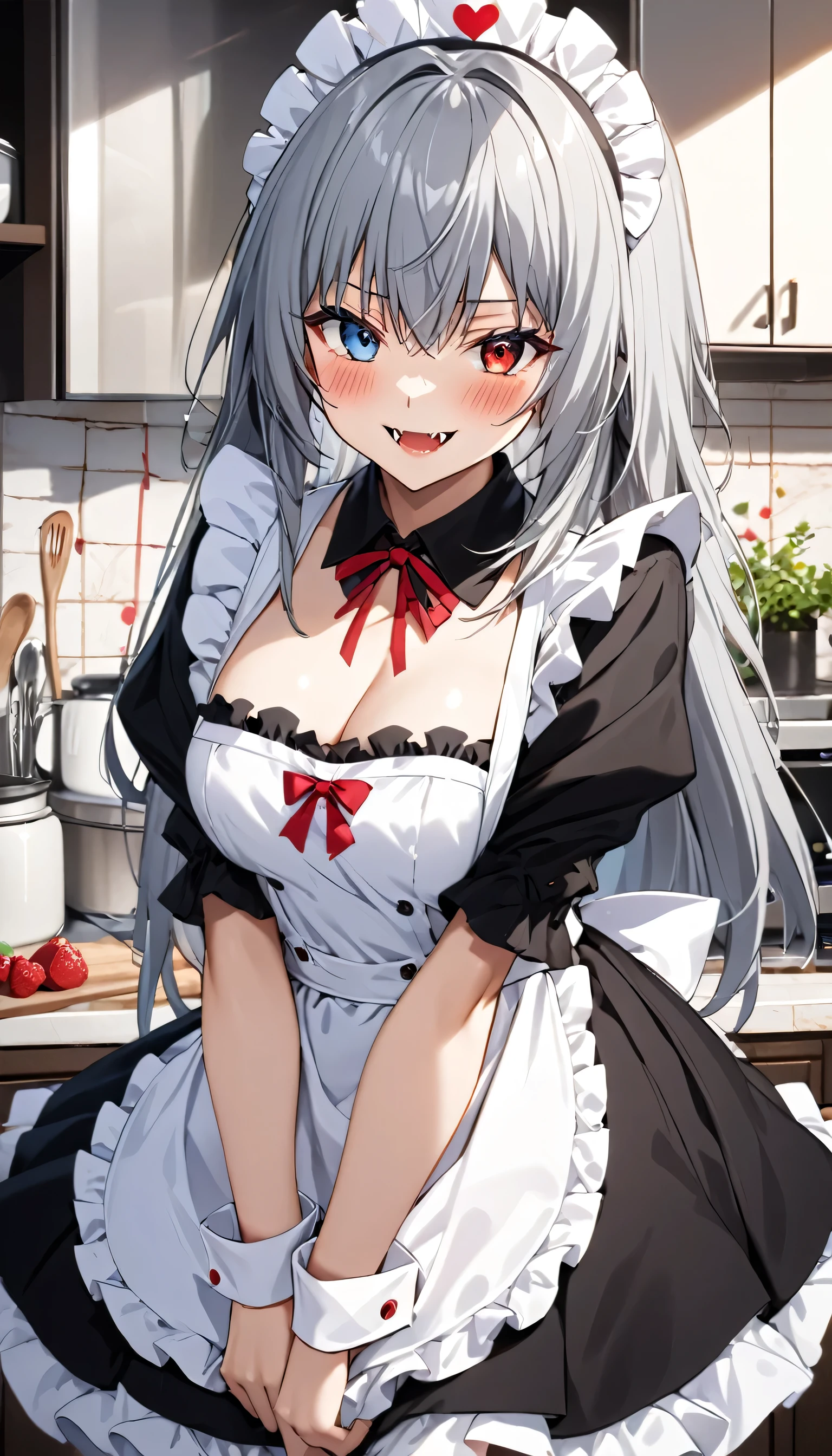 High resolution,  Masterpiece , precise,  best quality ,  High Detail, โมเดลHigh resolution, background, kitchen,  from the TenSura series - Tensei Shitara Slime Datta Ken, Luminous Valentine, Long hair, Gray hair, (Blue eyes:1.2), Red eyes(Red eyes:1.2), Black pupil, Blushing, Medium bust, Wear a maid outfit,  White Stockings, smile, See the fangs