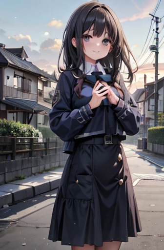 Prompt Tags: 1 girl, cute, ,  watching viewers , smile, Wearing school uniform, happy, Suburban, evening, Simple Background, Beautiful pose,  high res, Beautiful environment, masterpiece, Higher quality and more stable diffusion: 1 girl, cute ,  watching viewers , smile,Wearing school uniform, surrounded by a beautiful Suburban environment at evening. The girl has a Simple Background, 絵のようにBeautiful poseで立っている. 画像は high resで品質も優れています, Capture every detail. The whole scene looks like a masterpiece, It has a wonderful and quiet atmosphere.,Large Breasts、 black long hair、