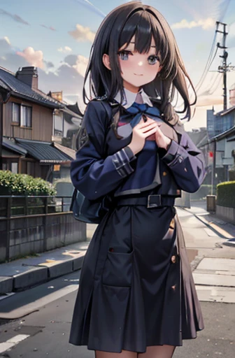 Prompt Tags: 1 girl, cute, ,  watching viewers , smile, Wearing school uniform, happy, Suburban, evening, Simple Background, Beautiful pose,  high res, Beautiful environment, masterpiece, Higher quality and more stable diffusion: 1 girl, cute ,  watching viewers , smile,Wearing school uniform, surrounded by a beautiful Suburban environment at evening. The girl has a Simple Background, 絵のようにBeautiful poseで立っている. 画像は high resで品質も優れています, Capture every detail. The whole scene looks like a masterpiece, It has a wonderful and quiet atmosphere.,Large Breasts、 black long hair、