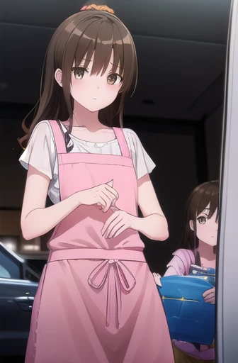 to follow, Yuki mandarin orange, ( Brown Eyes :1.5), Brown Hair, hair accessory, hair scrunchy, Long Hair, pink scrunchie, scrunchie, ( flat :1.2),
break apron, blouse, clavicle, layered skirt, pink shirt, shirt, Short sleeve, skirt, Yellow apron,
break indoors, kitchen,
break looking at viewer, ( cowboy shot:1.5),
break (masterpiece:1.2), Best Quality, high res, unity 8k Wallpaper , (figure:0.8), ( beautifully detailed eyes kept in the car :1.6), very detailed face, perfect lighting, Extremely detailed CG, (Perfect hands, Perfect ),